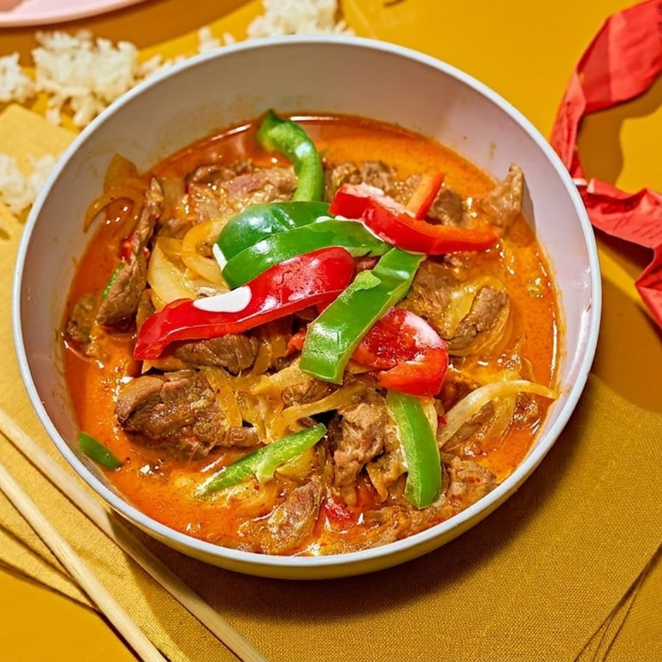 Red curry with beef, bell peppers, and onions, served with rice and dumplings.